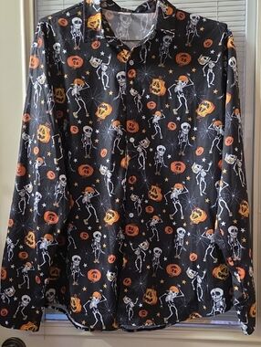 Halloween Skeleton & Pumpkin Button-Up Shirt - Black & Orange